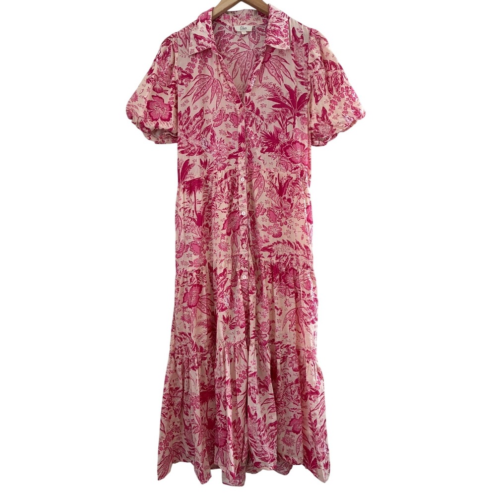 Elan Pink Tropical Floral Cotton Tiered Maxi Dress Large Short Sleeve Button Up